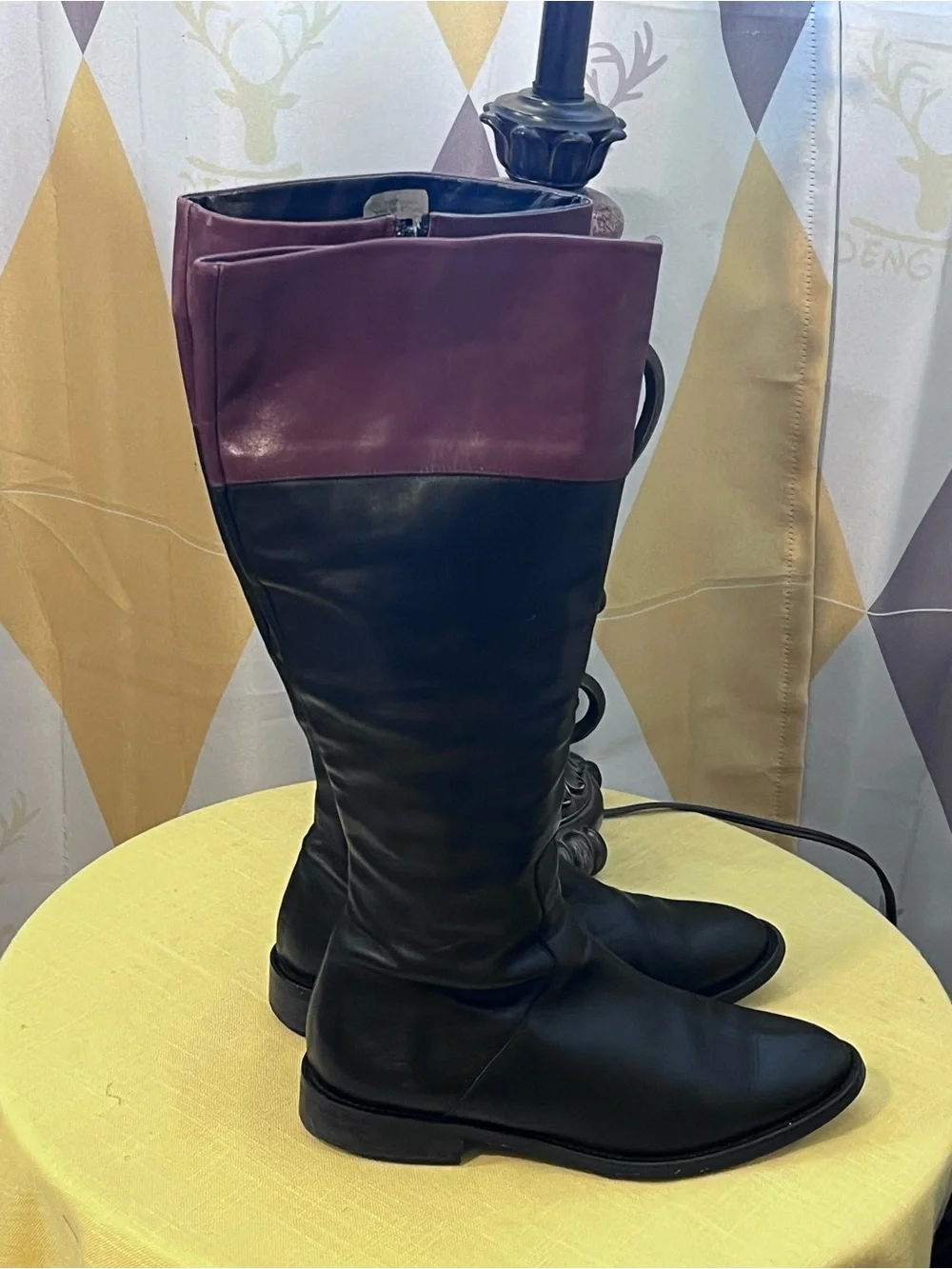 Black Knee-High Boots with Brown Trim